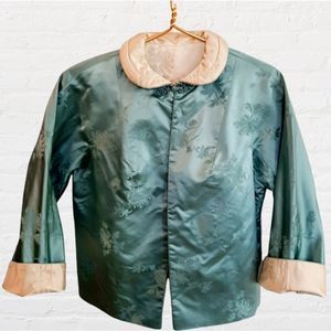 𝅺Vintage Reversible Asian Style Satin Jacket size Medium Cream and Turquoise